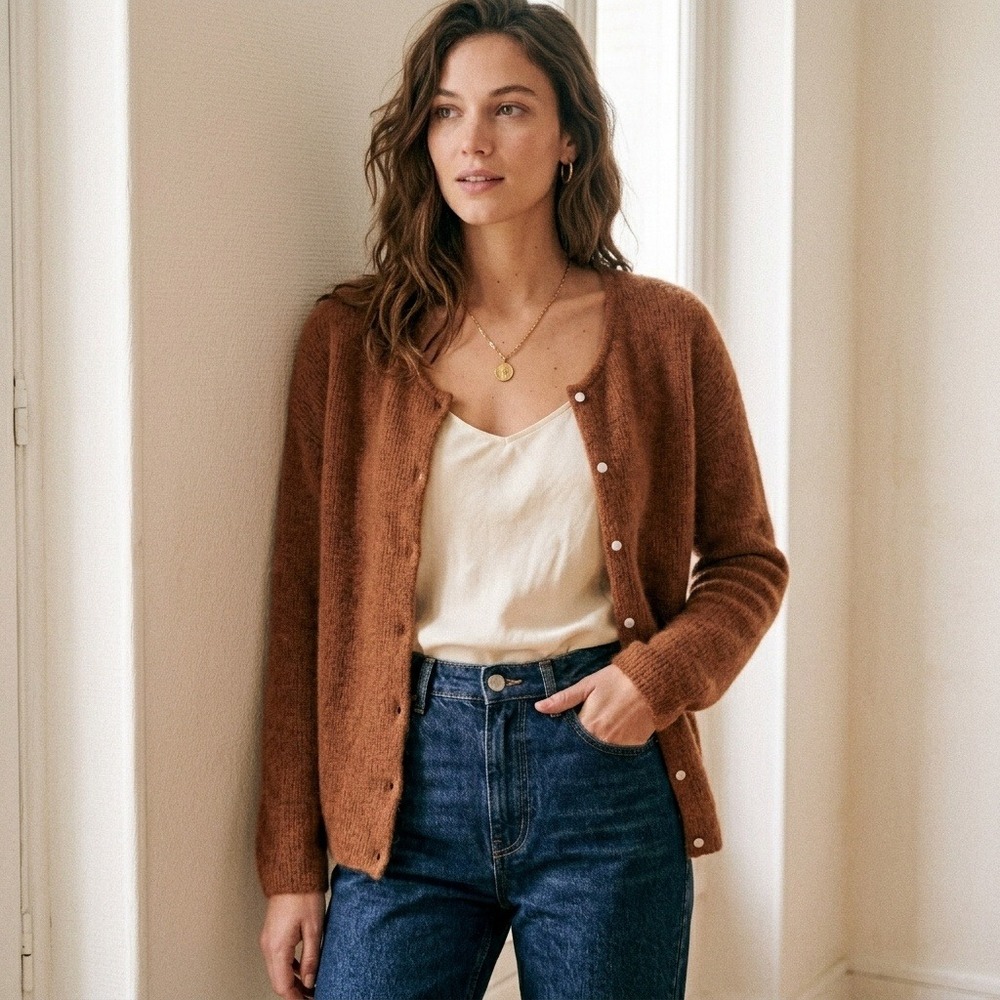 Sezane Gaspard Cardigan Sweater Womens Medium Brown Mohair Alpaca Blend Button